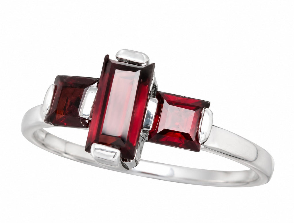 Rich deep-red garnet stones set in polished sterling silver ring.