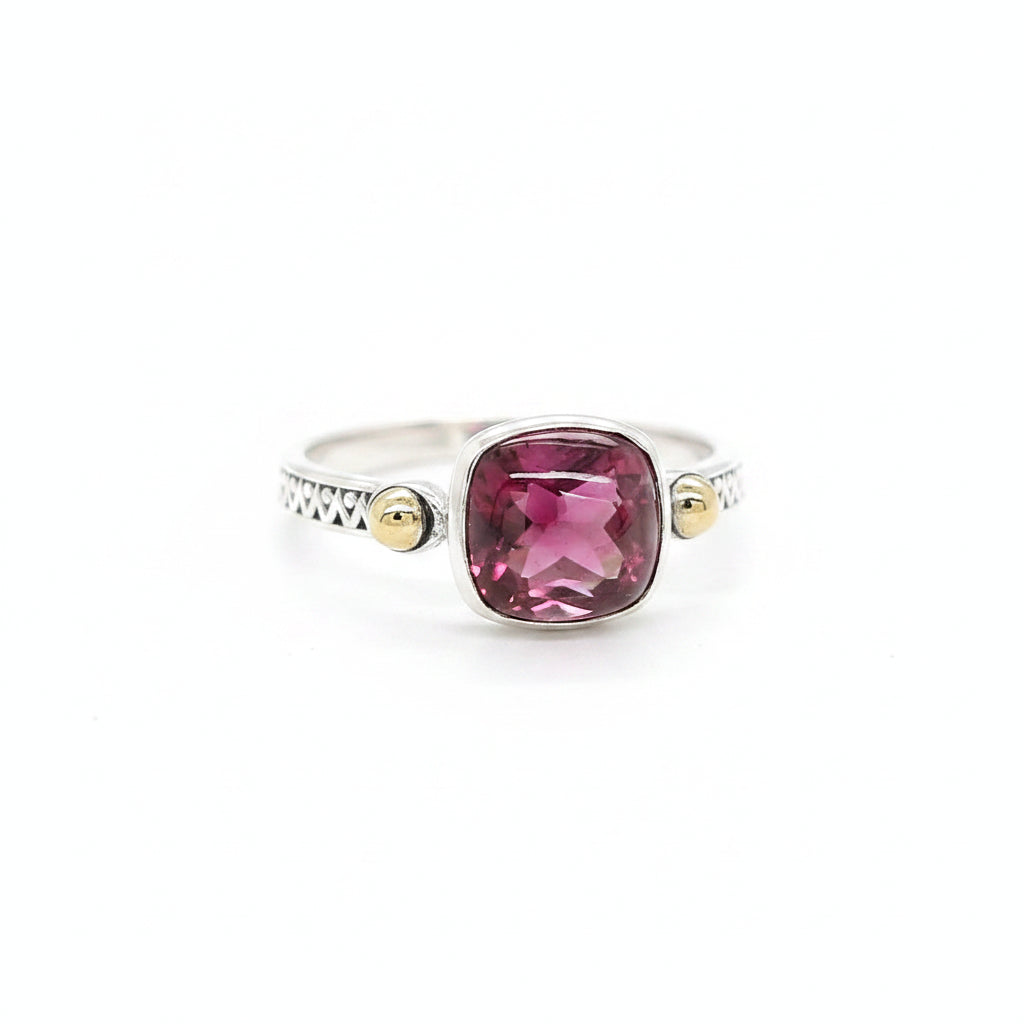 Cabochon Deep Crimson Garnet Ring –  Patterned Thin Sterling Silver Band with Gold Accent