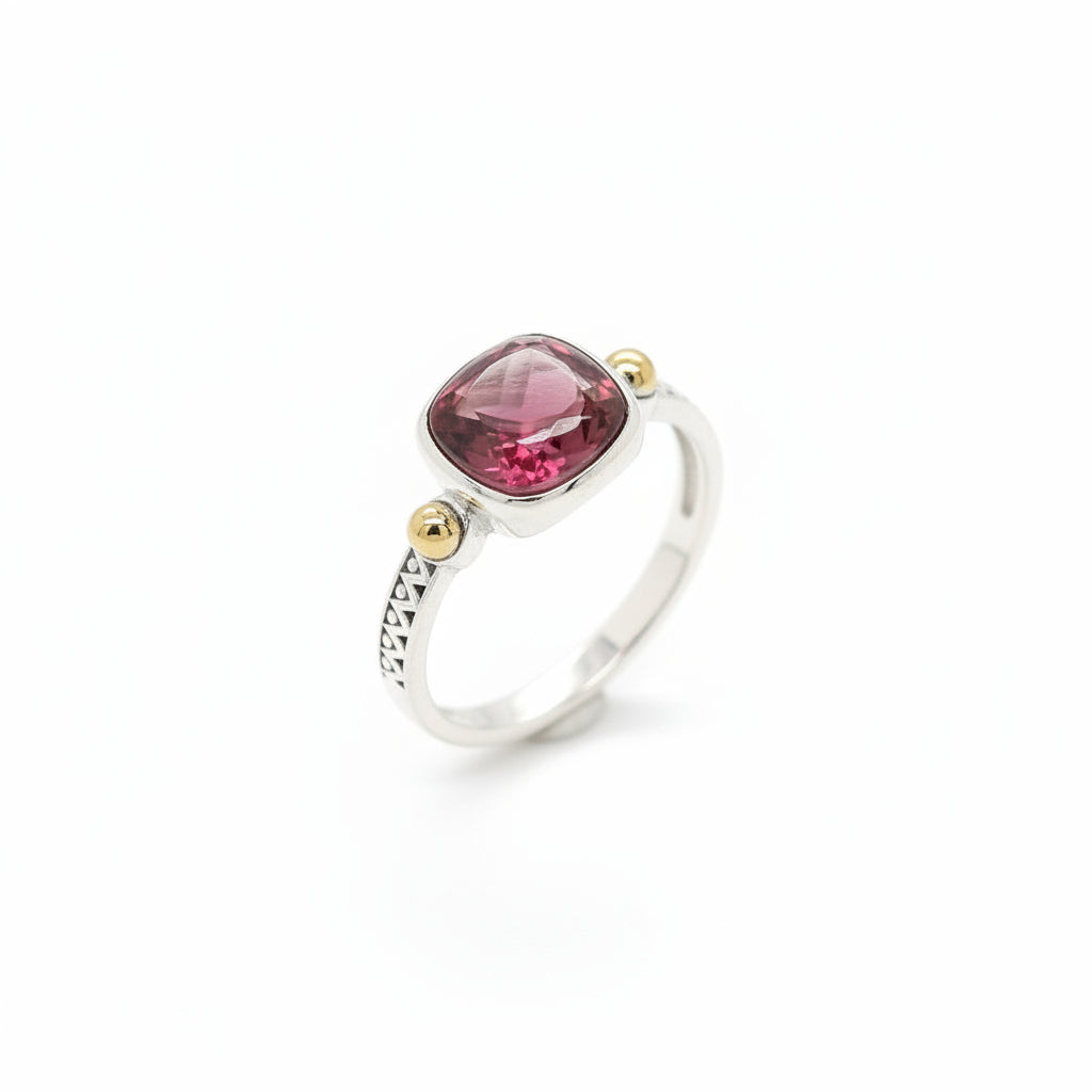 Cabochon Deep Crimson Garnet Ring –  Patterned Thin Sterling Silver Band with Gold Accent
