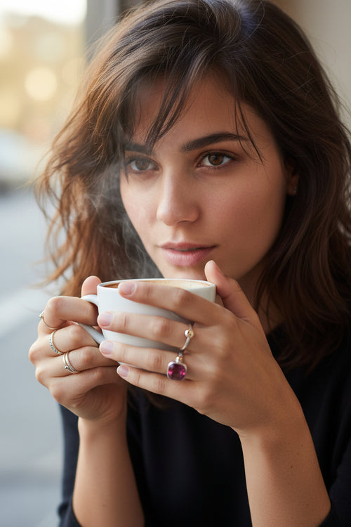 Cabochon Deep Crimson Garnet Ring –  Patterned Thin Sterling Silver Band with Gold Accent