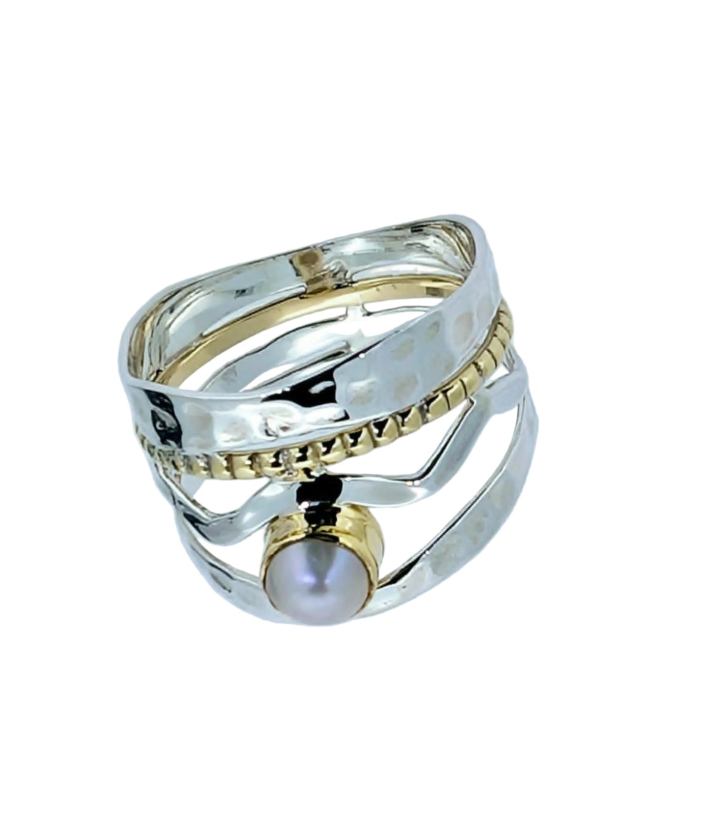 This exquisite ring features a luminous button pearl nestled gracefully at the centre of a woven web of sterling silver and a subtle touch of gold.