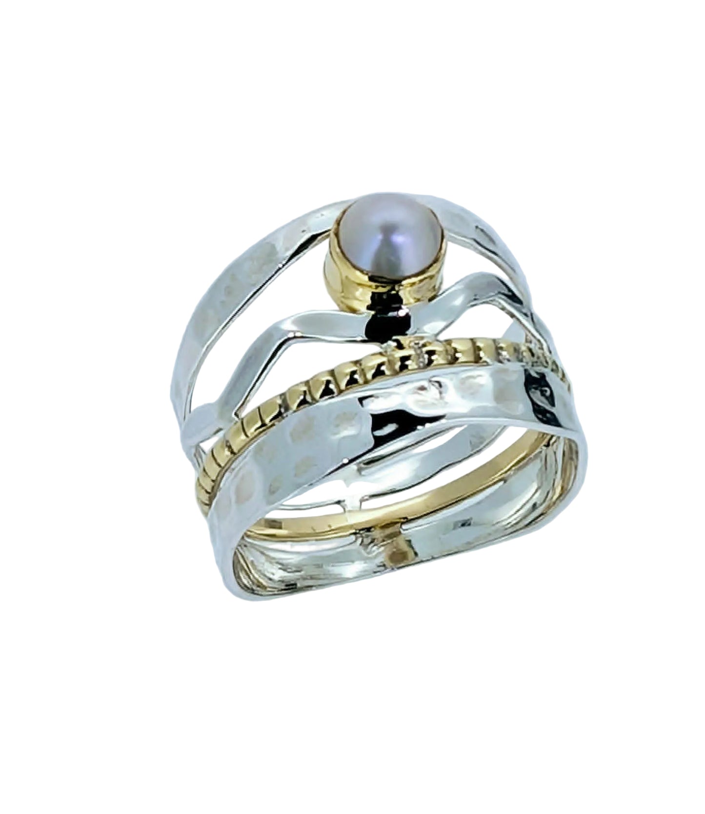This exquisite ring features a luminous button pearl nestled gracefully at the centre of a woven web of sterling silver and a subtle touch of gold.