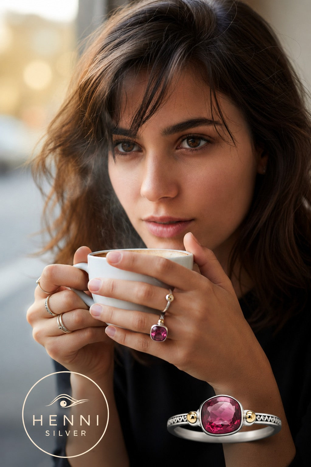 Cabochon Deep Crimson Garnet Ring –  Patterned Thin Sterling Silver Band with Gold Accent