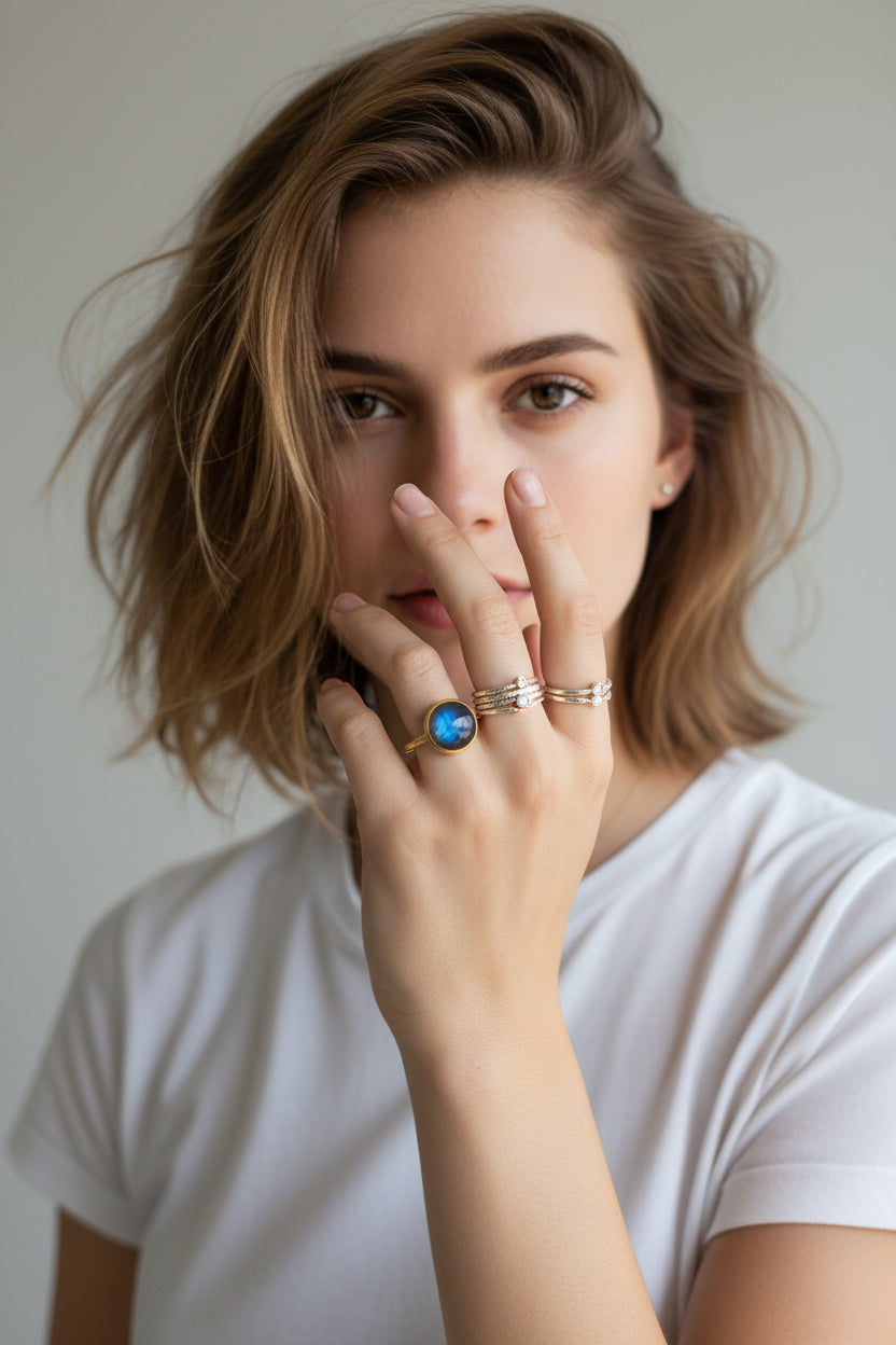 A smooth petite labradorite gemstone ring wrapped in a delicate embrace of 0.5 micron 14-carat gold over brass