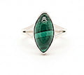 Malachite gem sits in a silver pond above a stylish split shank band in this bold contemporary ring