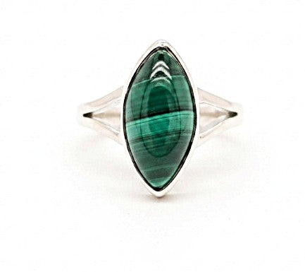 Malachite gem sits in a silver pond above a stylish split shank band in this bold contemporary ring