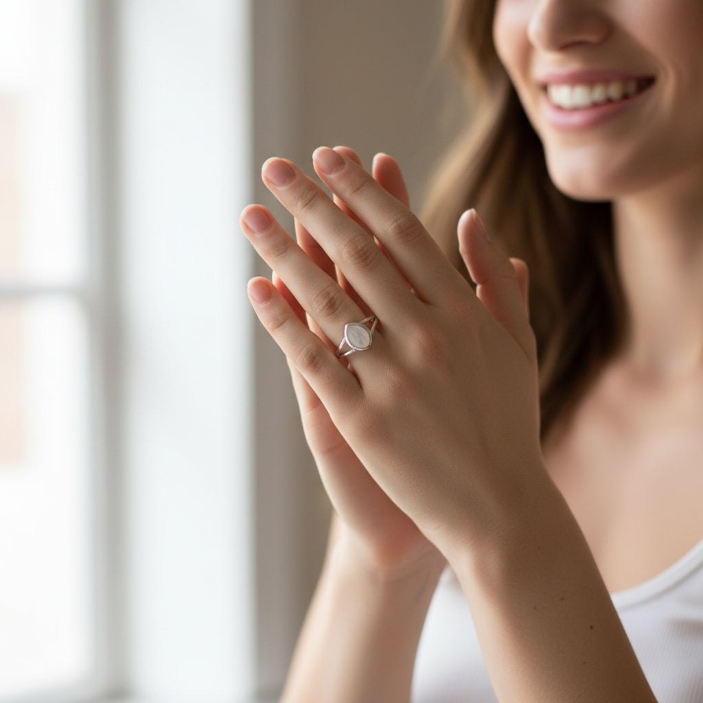Silver ring with a teardrop-shaped gemstone on a textured beige surface