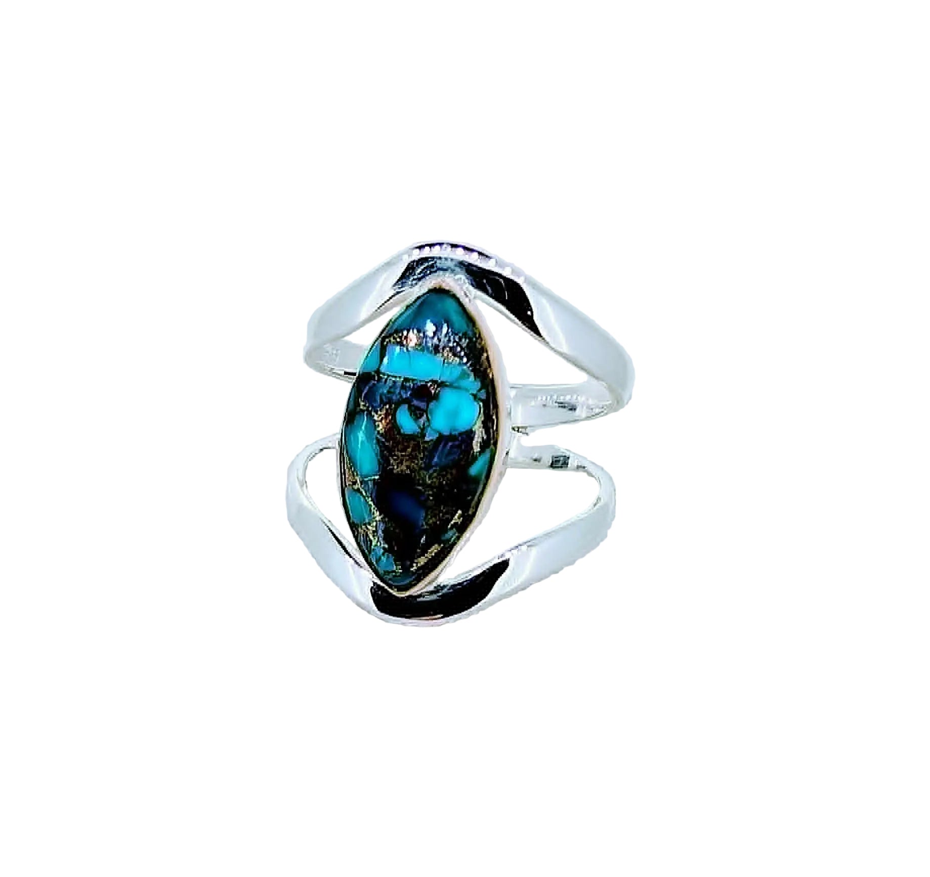 Silver ring with a marquise-shaped gemstone featuring blue and green colors on a textured surface.