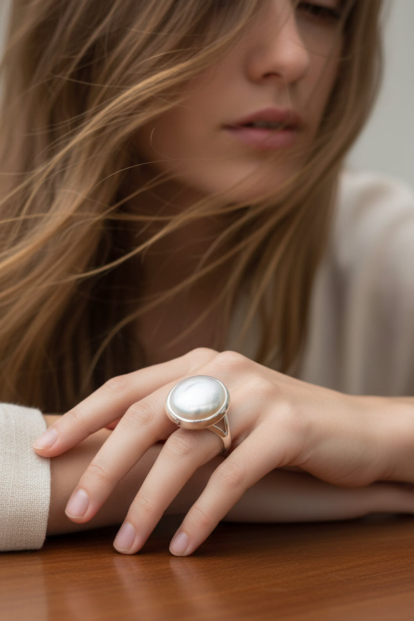 Luminous baroque pearl set in sterling silver with a graceful split band — beautifully unique
