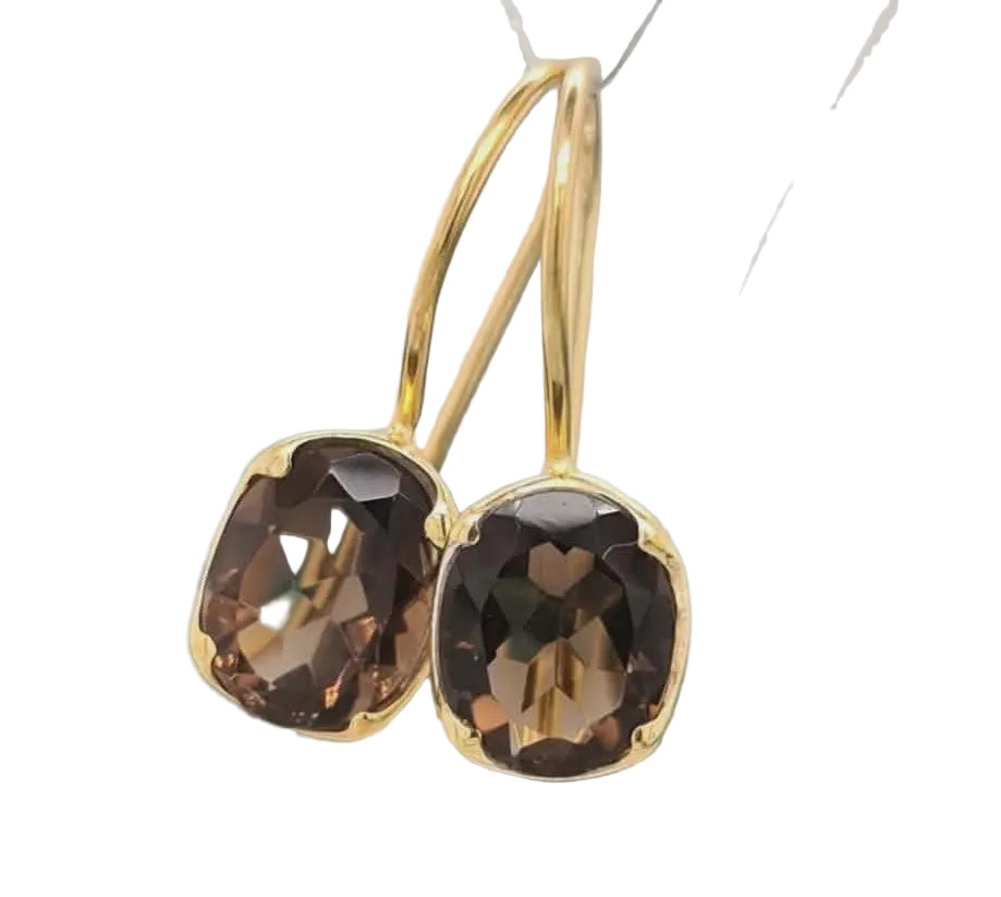 Gold plated sterling silver smoky quartz hook earrings feature beautifully cut smoky quartz gemstone embraced in a modern snug wrap setting