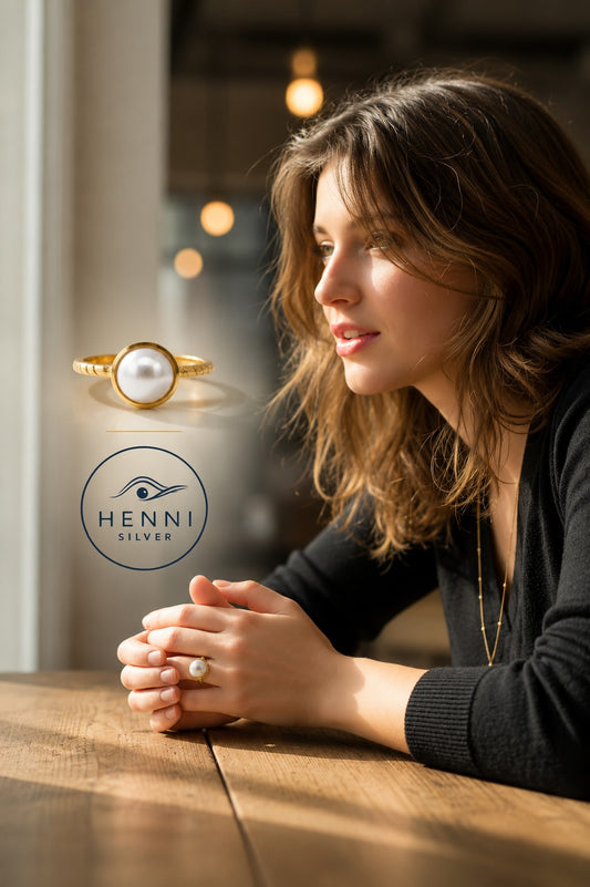 A delicate pearl embraced by a pond of gold resting on a fine patterned round band ring